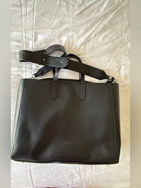Calpak Black Leather Laptop Tote with Detachable Strap